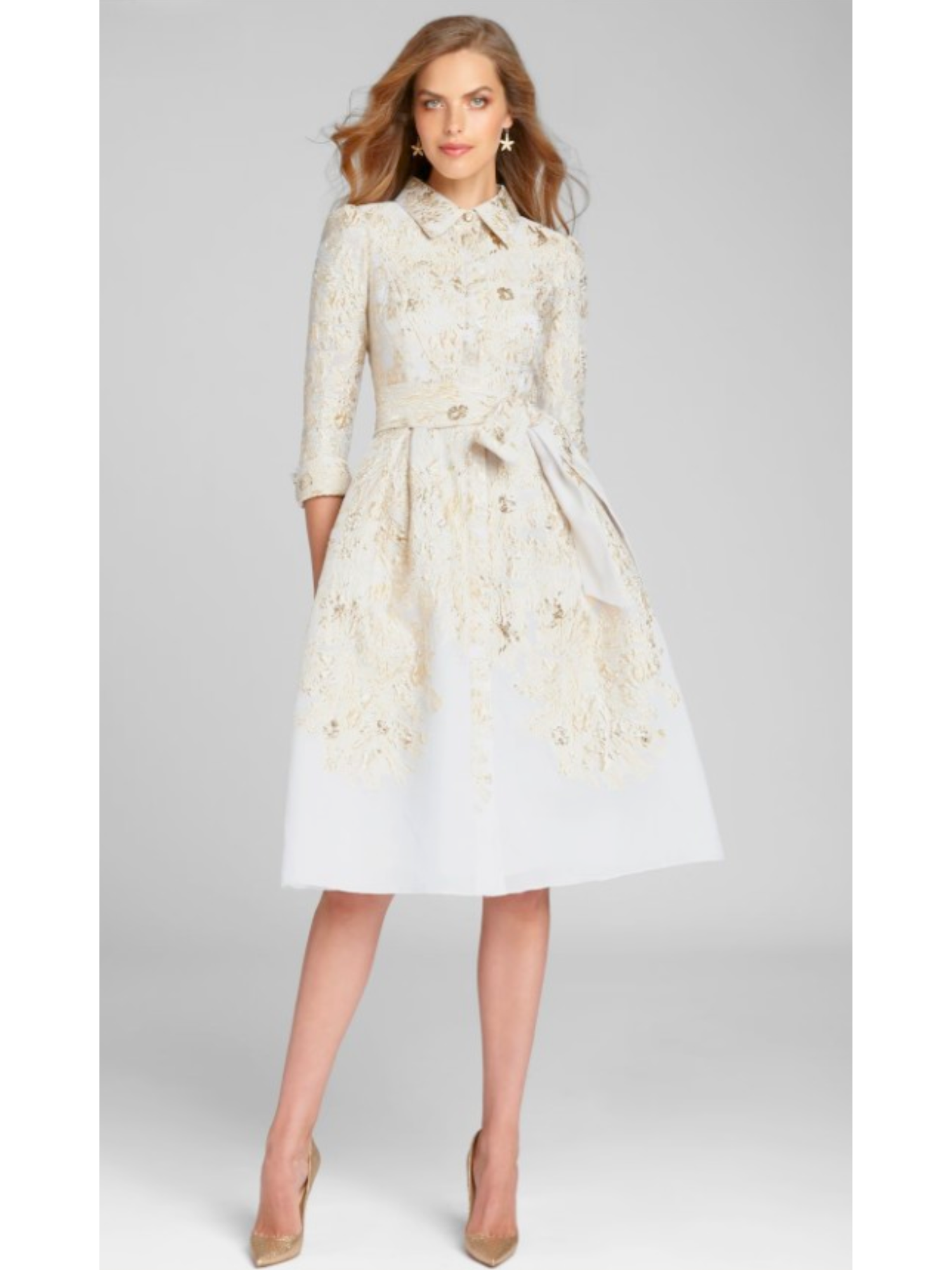 Teri Jon by Rickie Freeman Women's Metallic Jacquard Shirt Dress - Gold