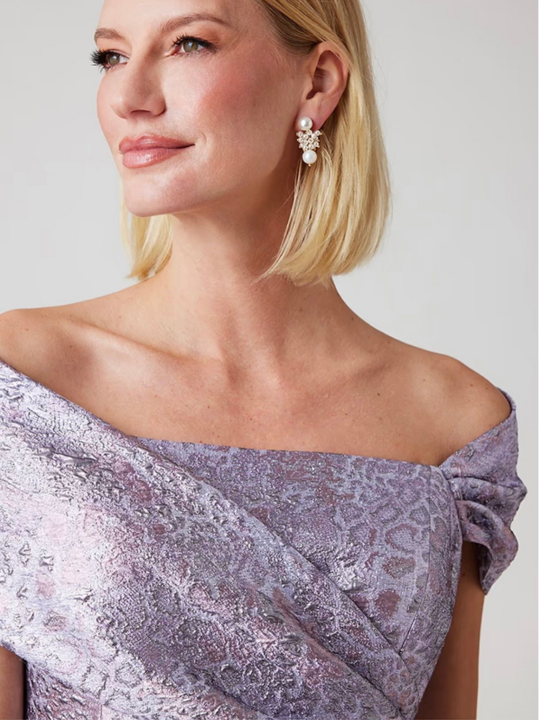 Teri Jon | Metallic Jacquard Off The Shoulder Dress