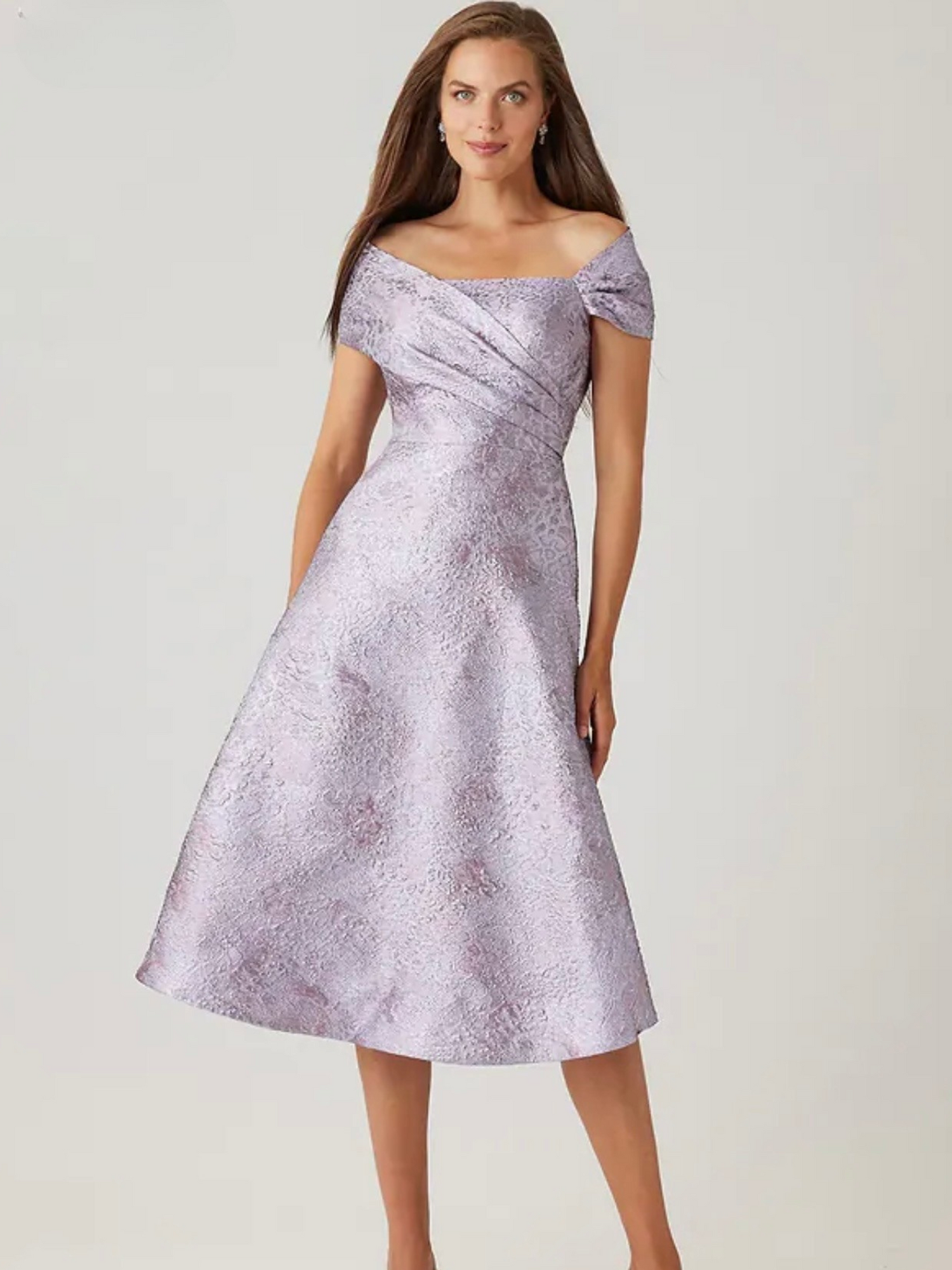 Teri Jon Metallic Jacquard Off Shoulder Midi Dress - Lilac Multi