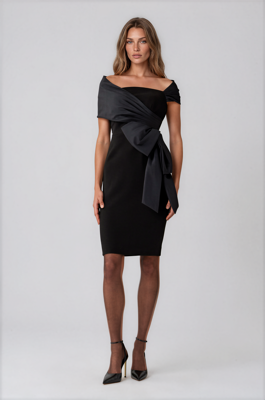Teri Jon 267226BLK-0 Taffeta and Crepe Bow Sheath Dress black off-the-shoulder midi dress with a large draped waist bow.