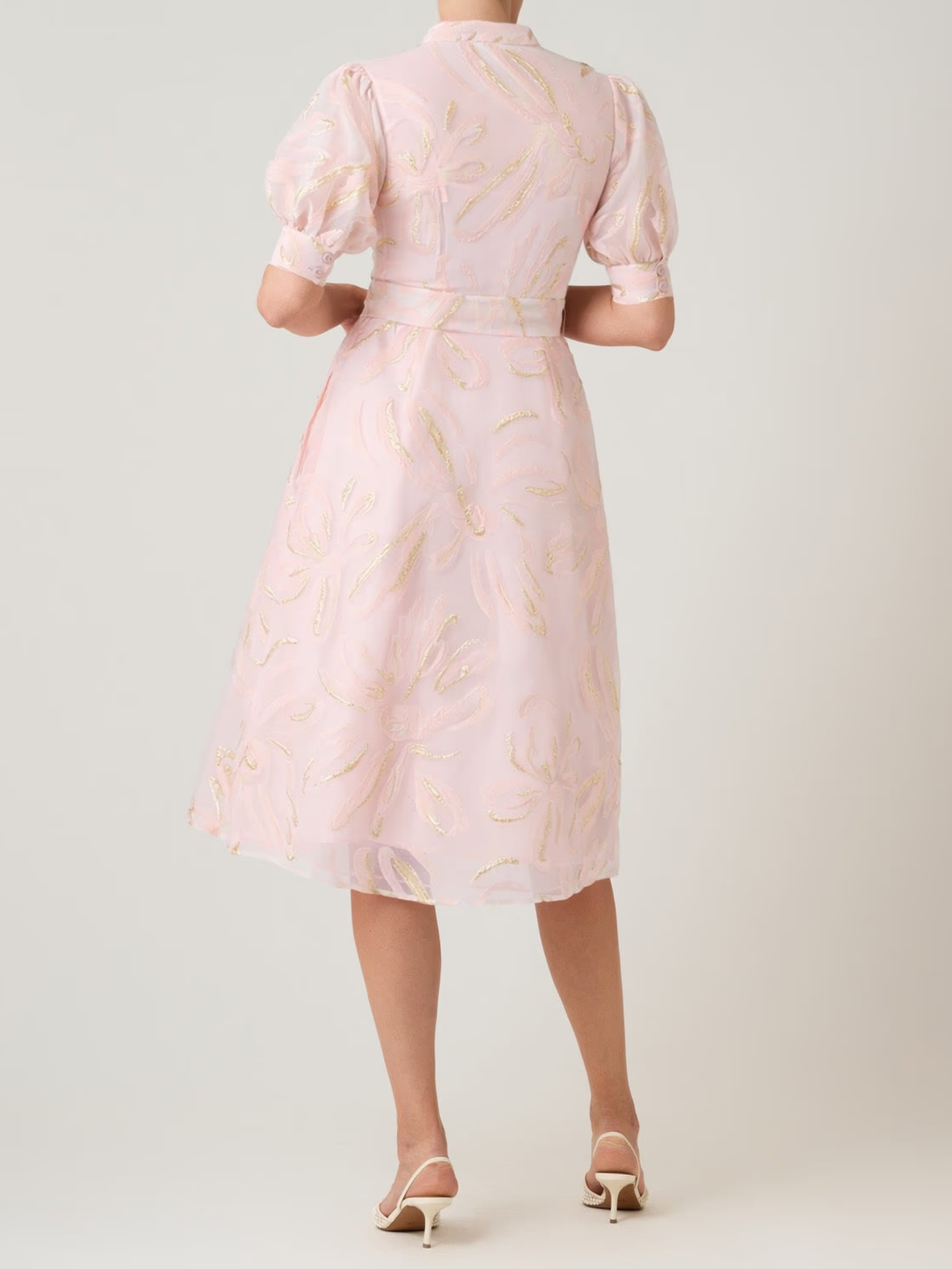 Blush Metallic Organza Mandarin Collar Puff Sleeve Dress Cloister Collection Blush Metallic Organza Mandarin Collar Puff Sleeve Dress Cloister Collection