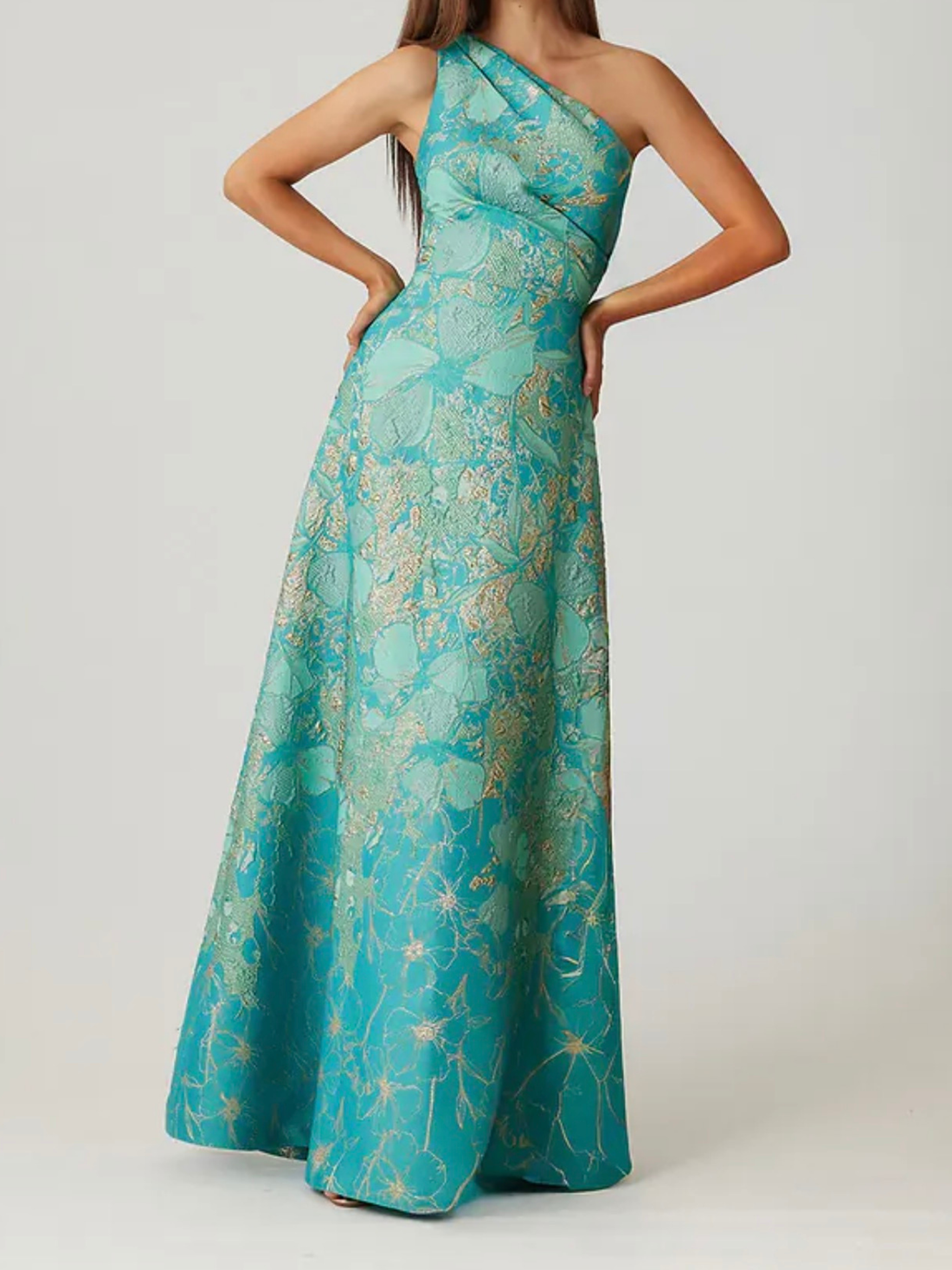Teri Jon Metallic Jacquard Floral One Shoulder Gown teal one-shoulder dress with floral pattern, great mother of the bride or groom dress