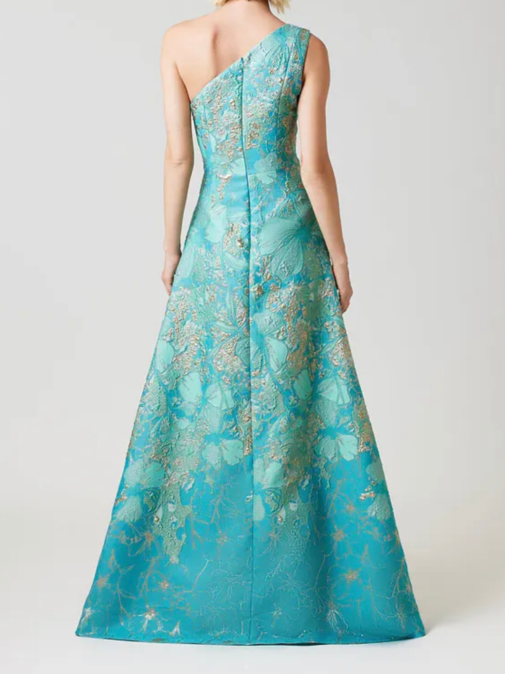 Teri Jon Metallic Jacquard Floral One Shoulder Gown teal one-shoulder dress with floral pattern, great mother of the bride or groom dress