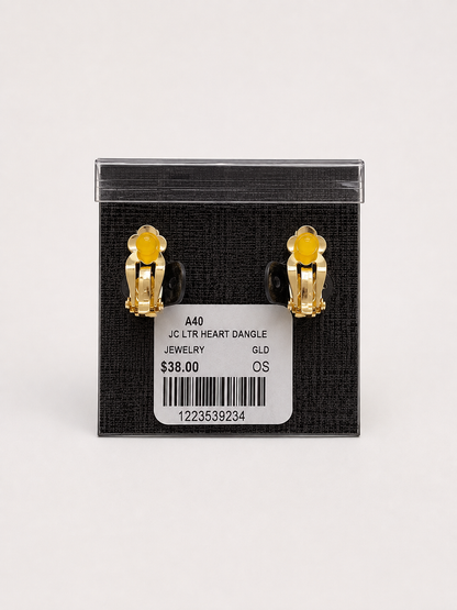 Textured Gold Heart and Crystal Drop Clip-on Earrings pair of gold heart-shaped stud earrings with clear round rhinestones