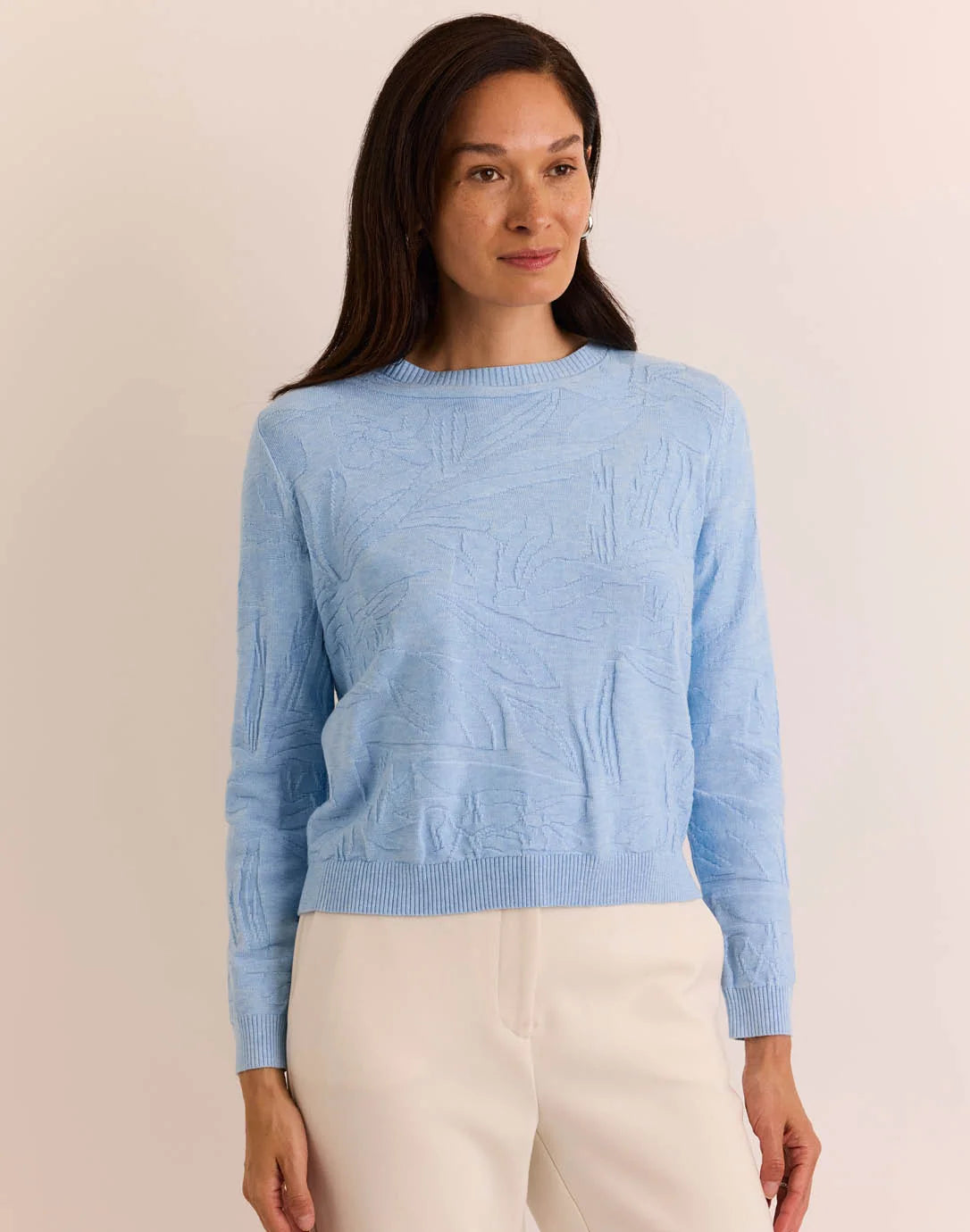 The H Edition Georgina Long Sleeve Sweater light blue floral textured knit sweater