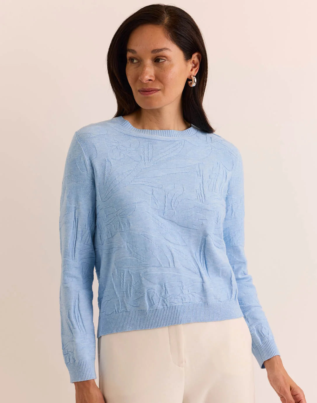 The H Edition Georgina Long Sleeve Sweater light blue floral textured knit sweater