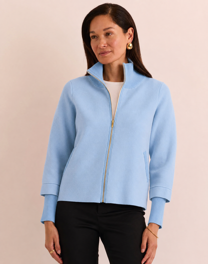 The H Edition Maryanne Long Sleeve Jacket in Sky Blue Heather light blue zip-up jacket with a high stand collar and gold-tone zipper