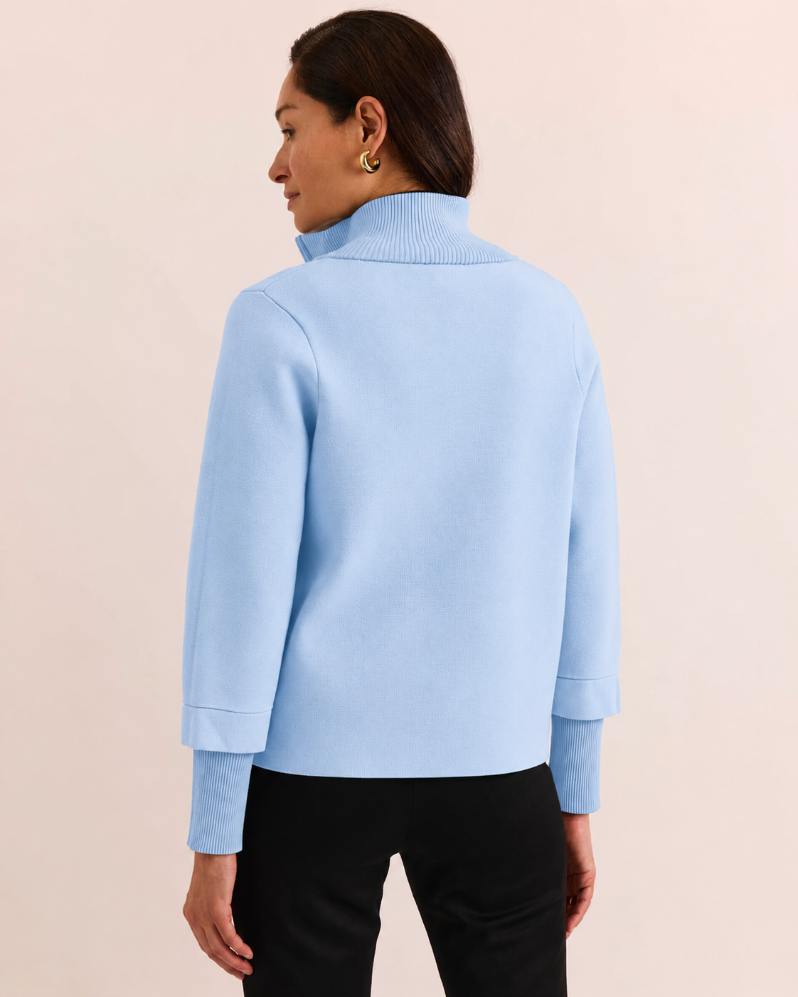 The H Edition Maryanne Long Sleeve Jacket in Sky Blue Heather light blue zip-up jacket with a high stand collar and gold-tone zipper