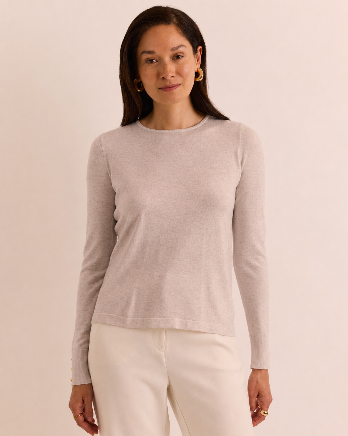 The H Edition Muriel Long Sleeve Sweater in Stone Heather light beige long-sleeve crewneck knit top