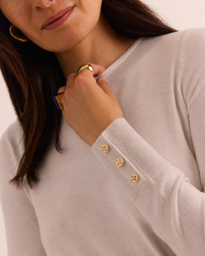 The H Edition Muriel Long Sleeve Sweater in Stone Heather light beige long-sleeve crewneck knit top