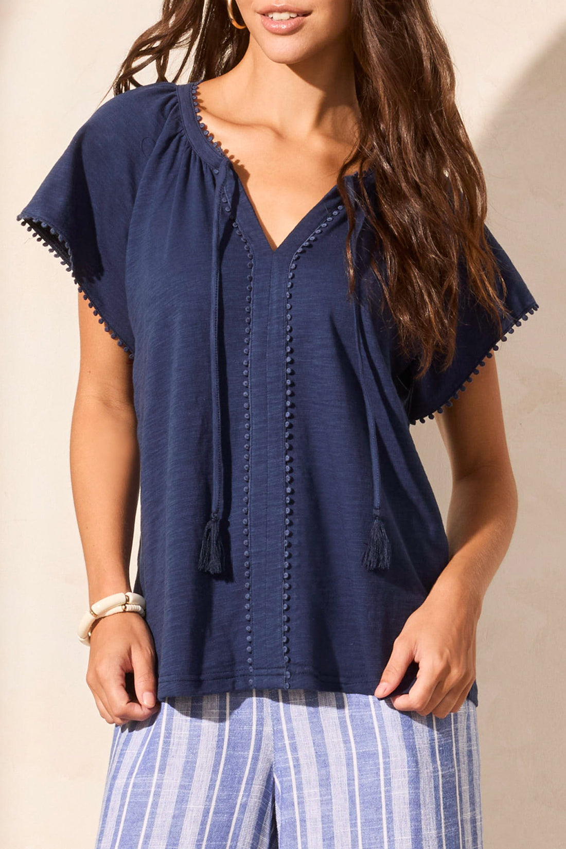 Tribal | Short Sleeve Split Neck Top with Tassel