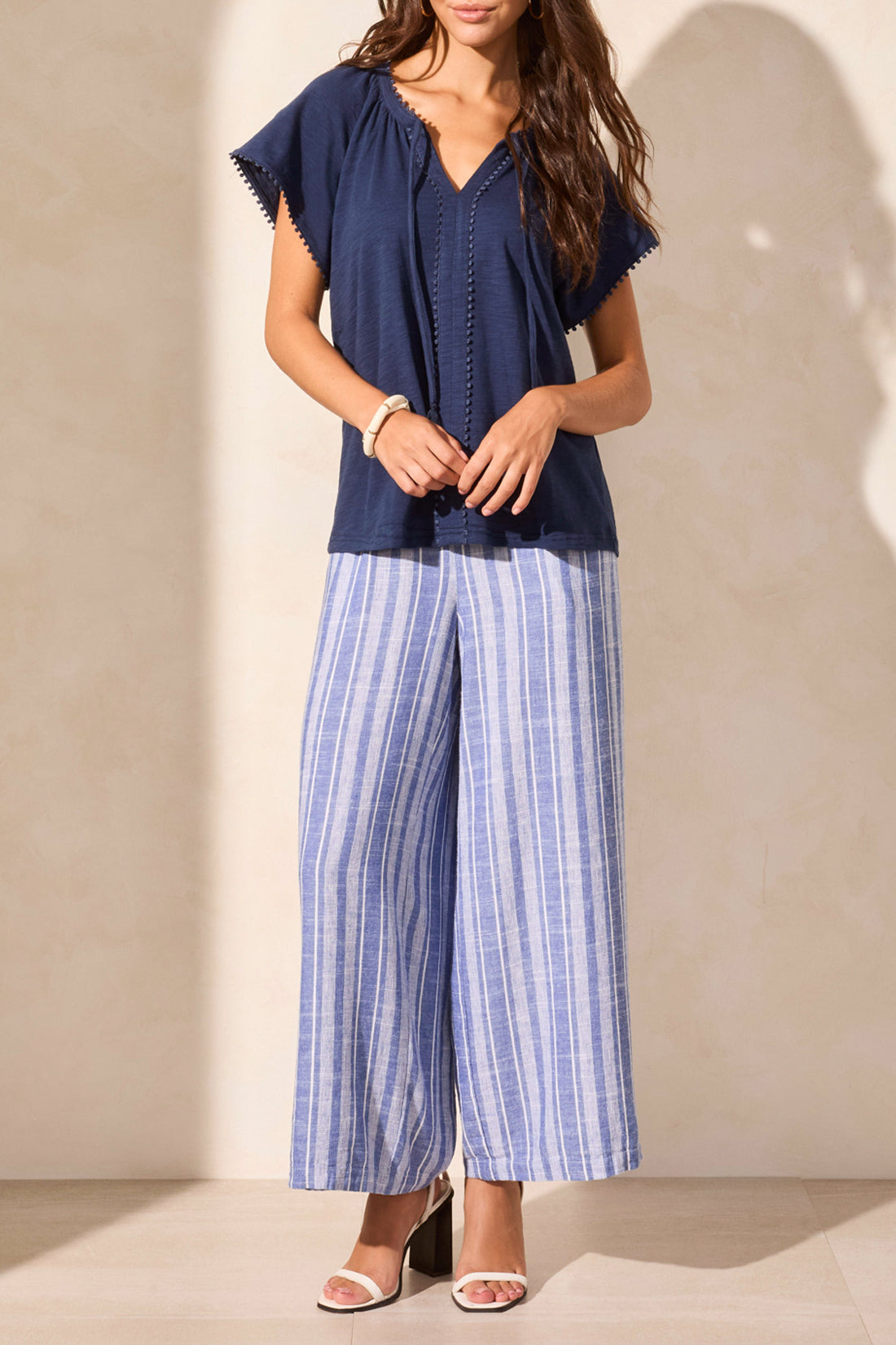 Tribal | Short Sleeve Split Neck Top with Tassel