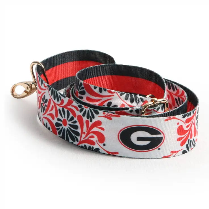 UGA Georgia Bulldogs Floral Purse Strap  clear crossbody bag with a red, black, and white patterned strap. 