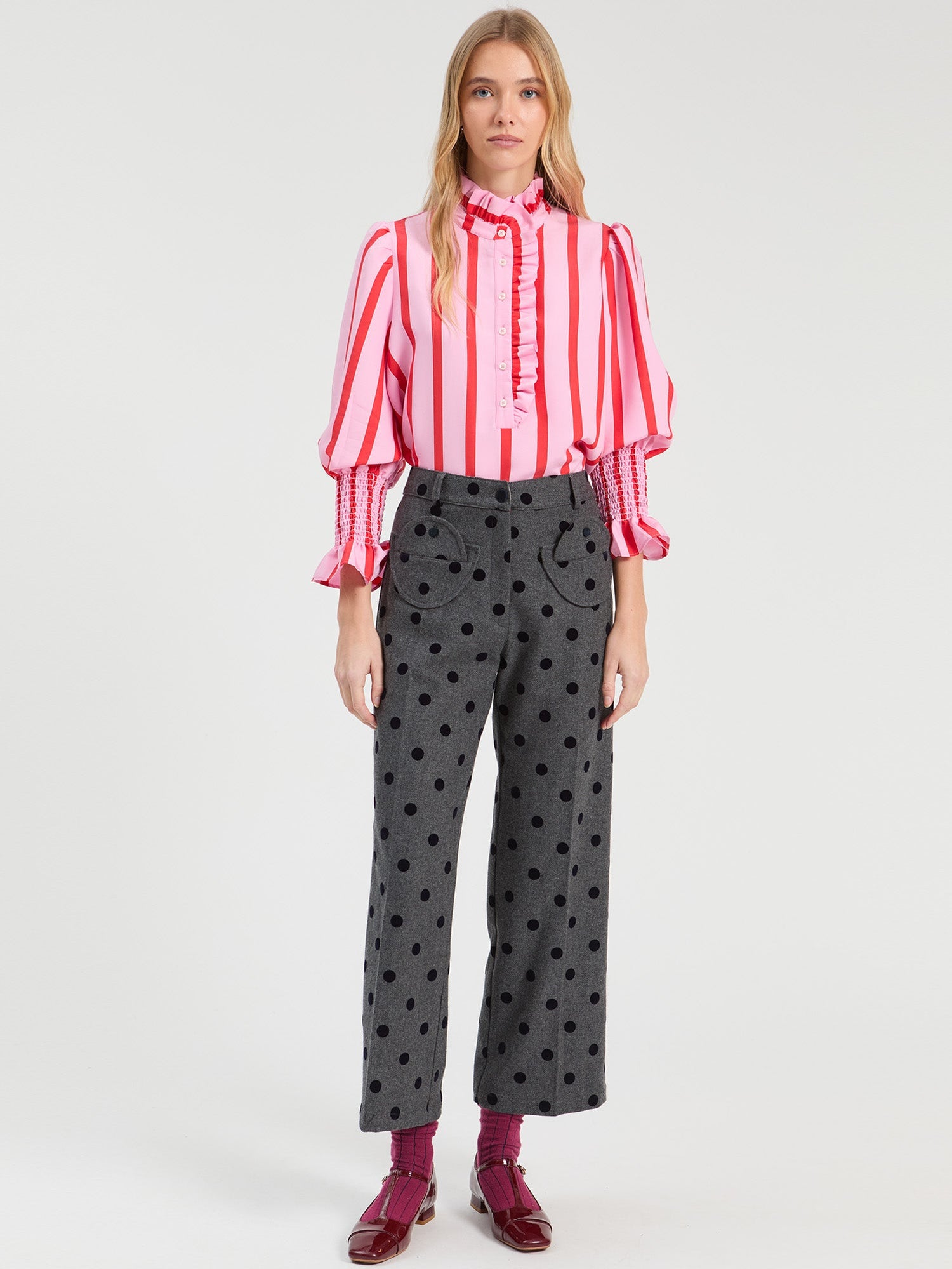 Vilagallo coral and white vertical striped blouse with high neck and front ruffle, style 33938, front view