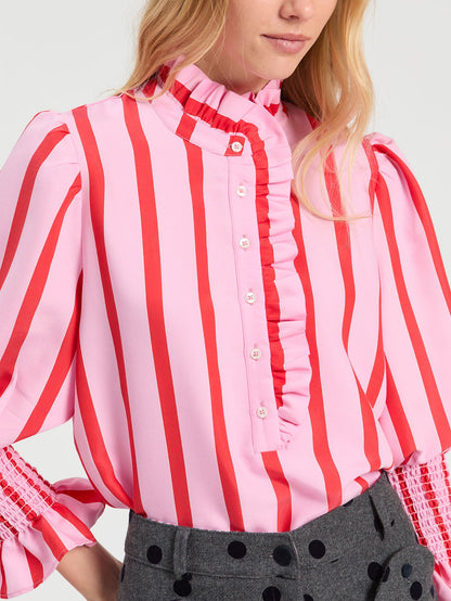 Vilagallo striped blouse style 33938 side view showing high neckline and coral stripe