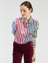 Vilagallo multicolor vertical striped shirt with embroidered floral appliques, style 33805, front view