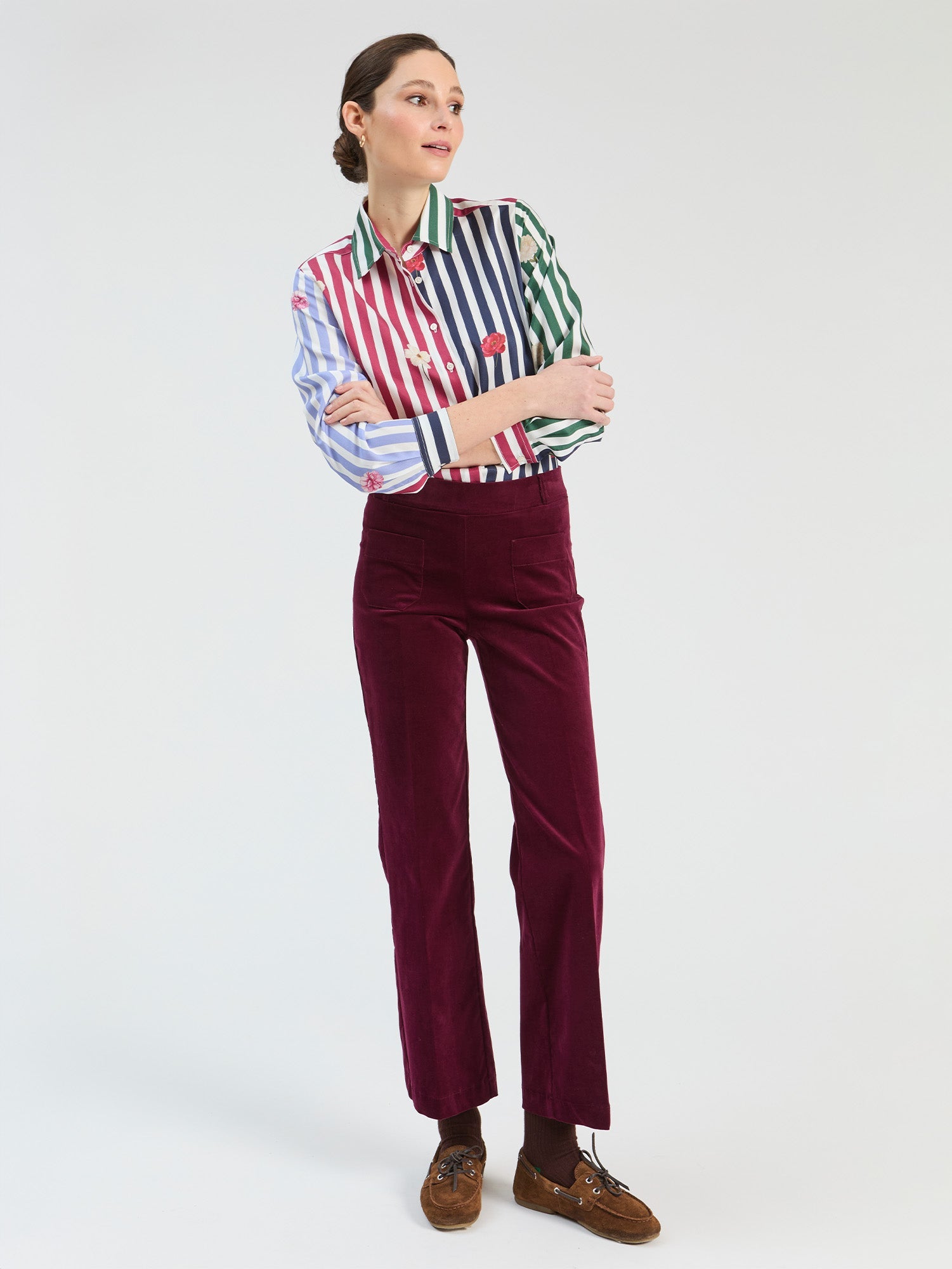 Vilagallo multicolor striped embroidered shirt style 33805 shown on model, long sleeves and classic collar