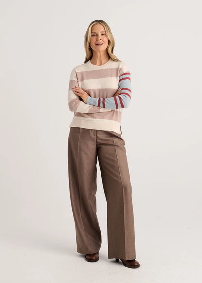 A woman modeling a striped long-sleeve knit sweater Zaket &amp; Plover Bold Stripe Sweater Waxpaper 