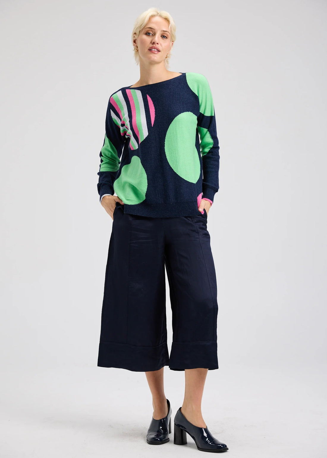 Womens navy sweater with circles