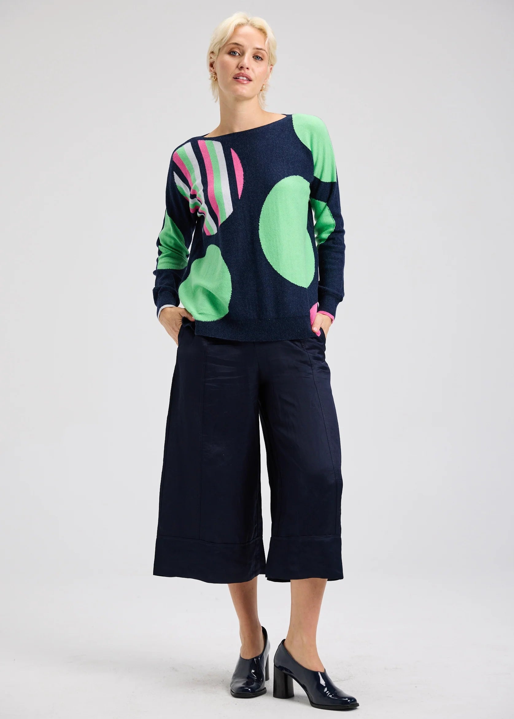 Womens navy sweater with circles