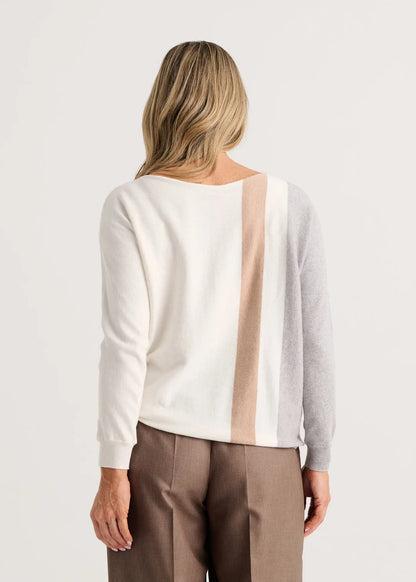 A woman modeling a color-block knit sweater with gray, cream, and beige vertical panels Zaket &amp; Plover Vertical Lines Sweater in Snow