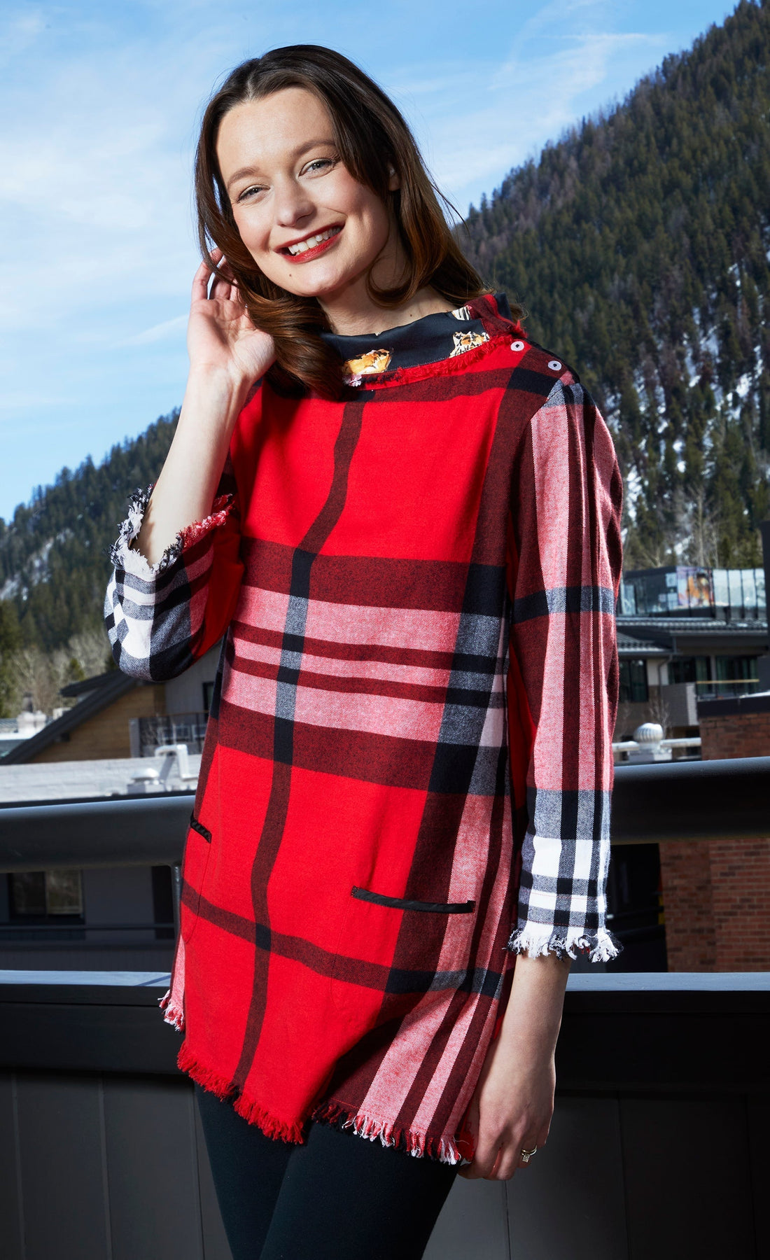 Dizzy Lizzie | Aspen Cowl Neck Tunic With Fringe And Button Neck In Red Yarndyed Flannel Plaid | Cloister Collection | TOPS