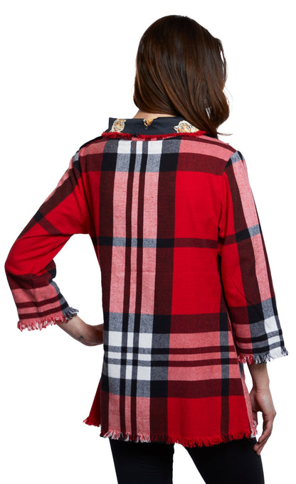 Dizzy Lizzie | Aspen Cowl Neck Tunic With Fringe And Button Neck In Red Yarndyed Flannel Plaid | Cloister Collection | TOPS