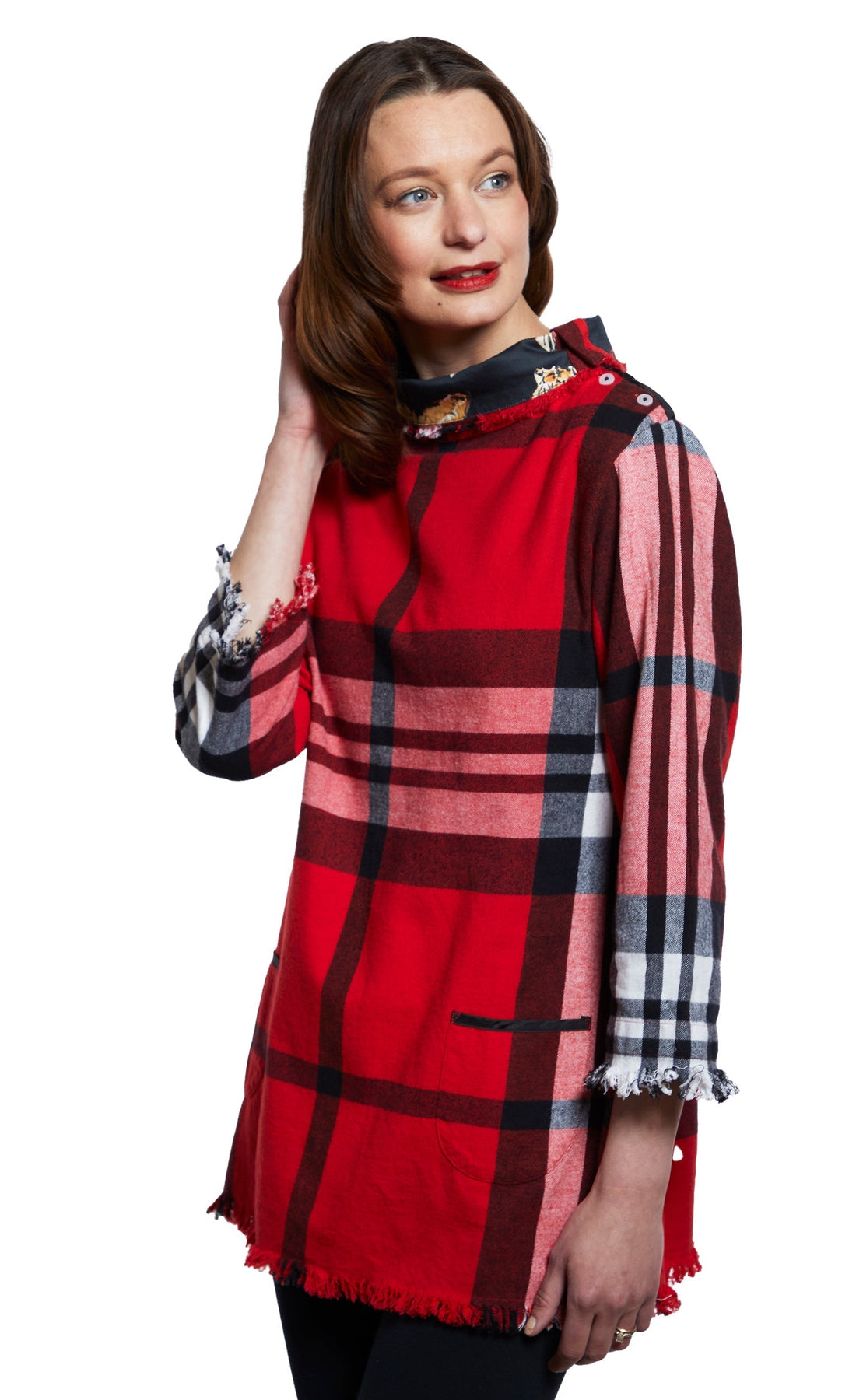 Dizzy Lizzie | Aspen Cowl Neck Tunic With Fringe And Button Neck In Red Yarndyed Flannel Plaid | Cloister Collection | TOPS