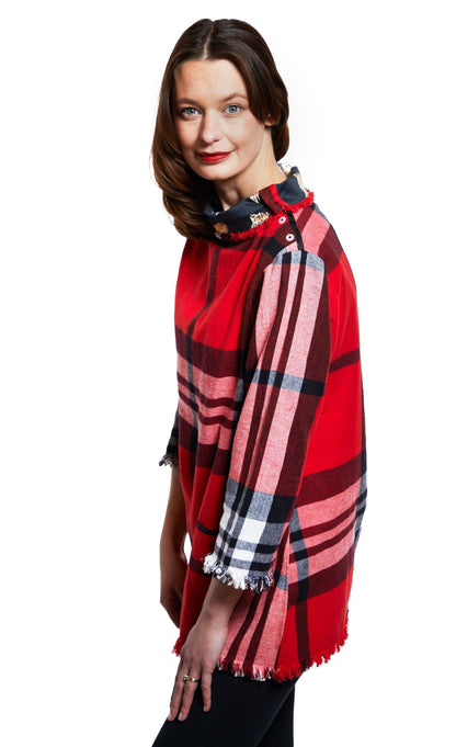 Dizzy Lizzie | Aspen Cowl Neck Tunic With Fringe And Button Neck In Red Yarndyed Flannel Plaid | Cloister Collection | TOPS