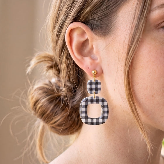 Black Gingham Square Earrings