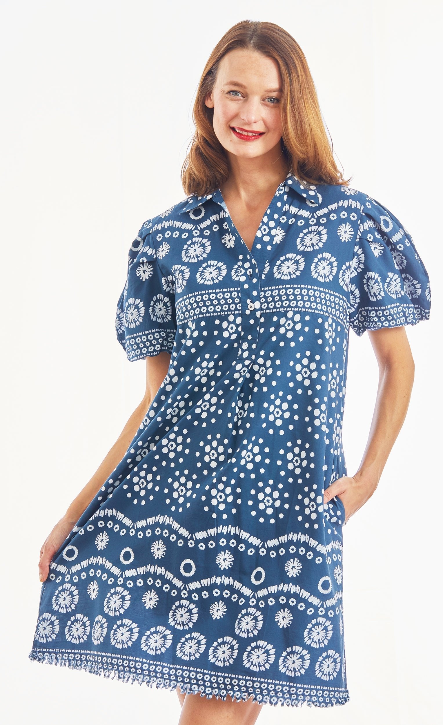 Dizzy Lizzie | Beaufort Dress Puff Sleeve Ikat Print | Cloister Collection | DRESSES