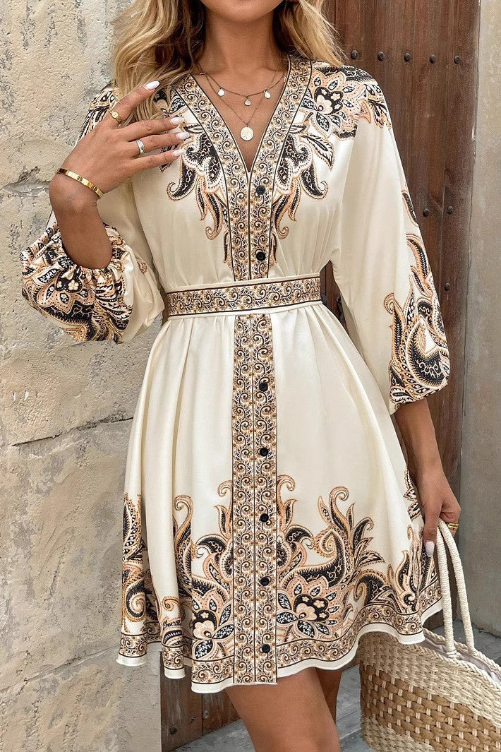 Cloister Collection |  Boho All-Over Floral Print 3/4 Lantern Sleeves Dress