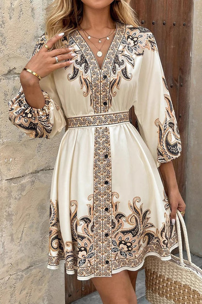 Cloister Collection |  Boho All-Over Floral Print 3/4 Lantern Sleeves Dress
