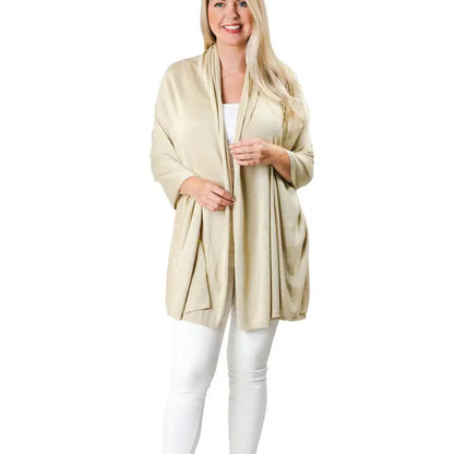 Woman wearing a beige Ari Bamboo Shawl Wrap 