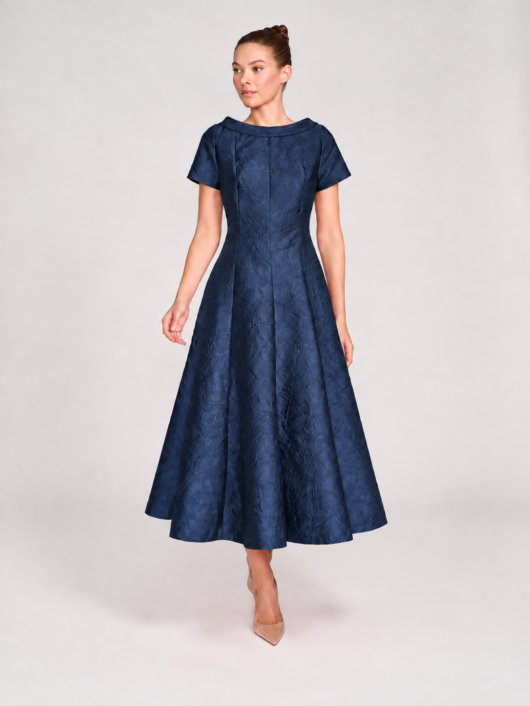 bigio Elegant Navy Fit-and-Flare Midi Dress
