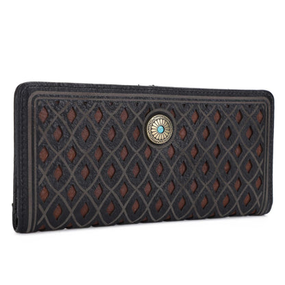 Black textured wallet with decorative button on a white background