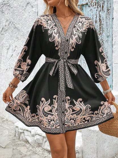 Cloister Collec | Boho All-Over Floral Print 3/4 Lantern Sleeves Dress