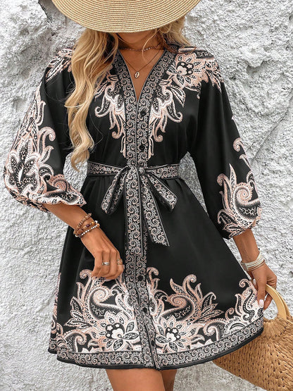 Cloister Collec | Boho All-Over Floral Print 3/4 Lantern Sleeves Dress