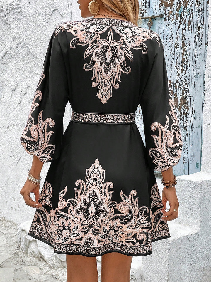 Cloister Collec | Boho All-Over Floral Print 3/4 Lantern Sleeves Dress