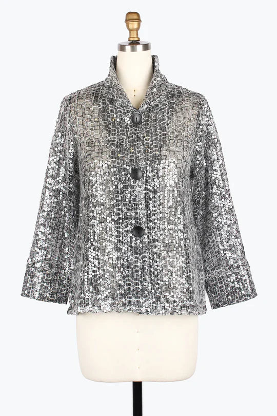 Silver sequin jacket on a mannequin against a white background