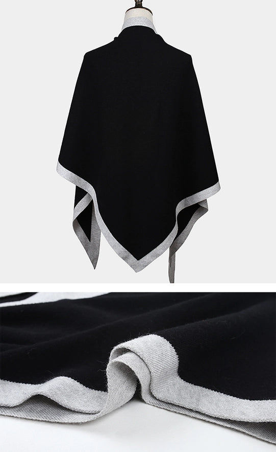 Black and gray poncho on a mannequin with close-up of fabric texture.