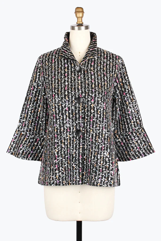 Textured jacket on a mannequin against a white background