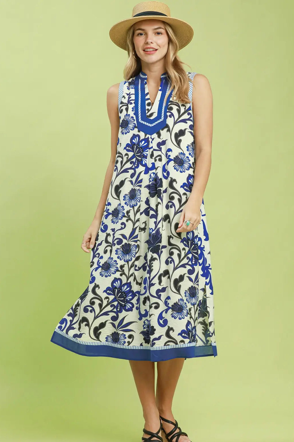 blue Floral Scroll Sleeveless Midi Dress