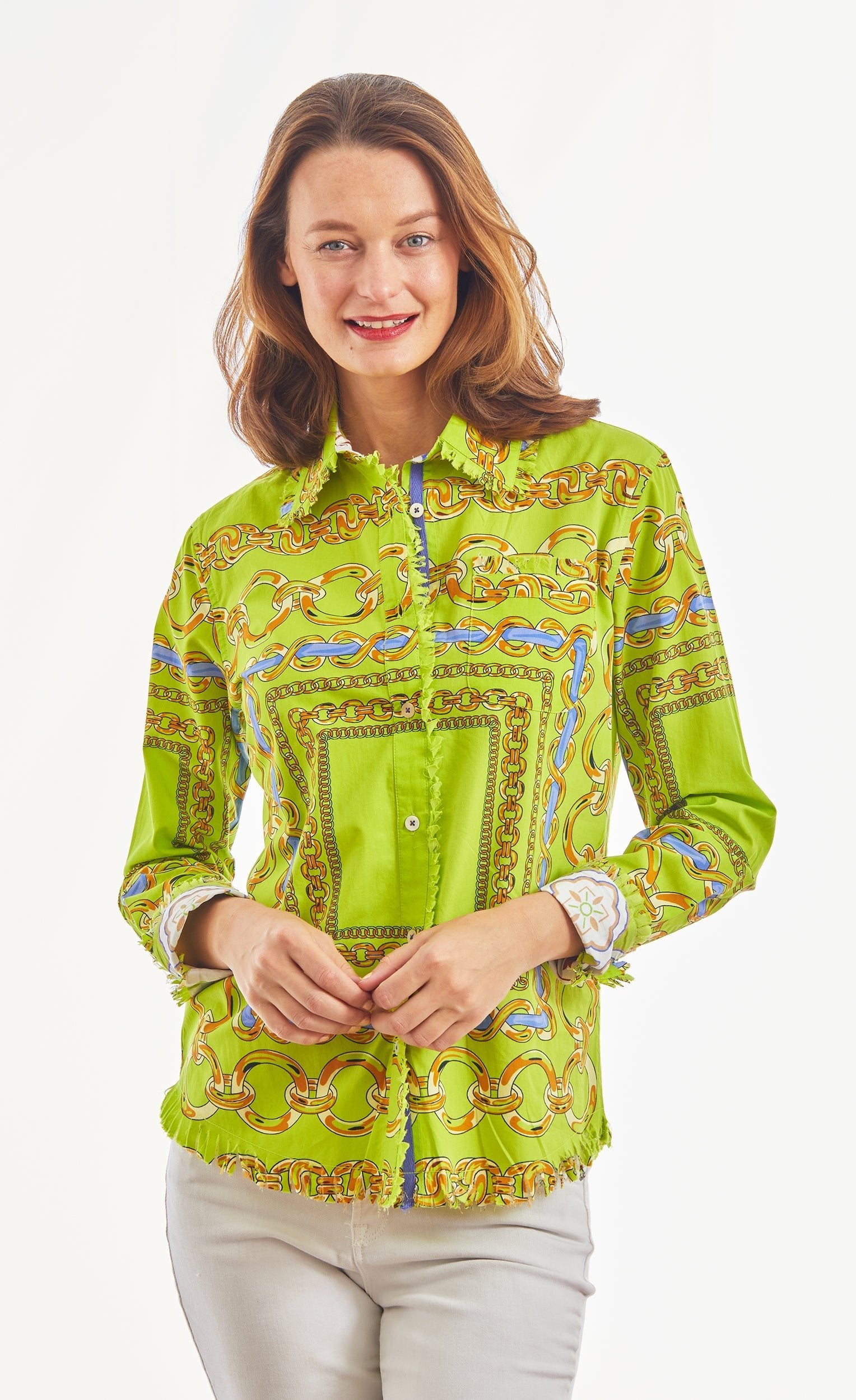 Dizzy Lizzie | Cape Cod Acid Green And Navy Links Cotton Stretch | Cloister Collection | TOPS