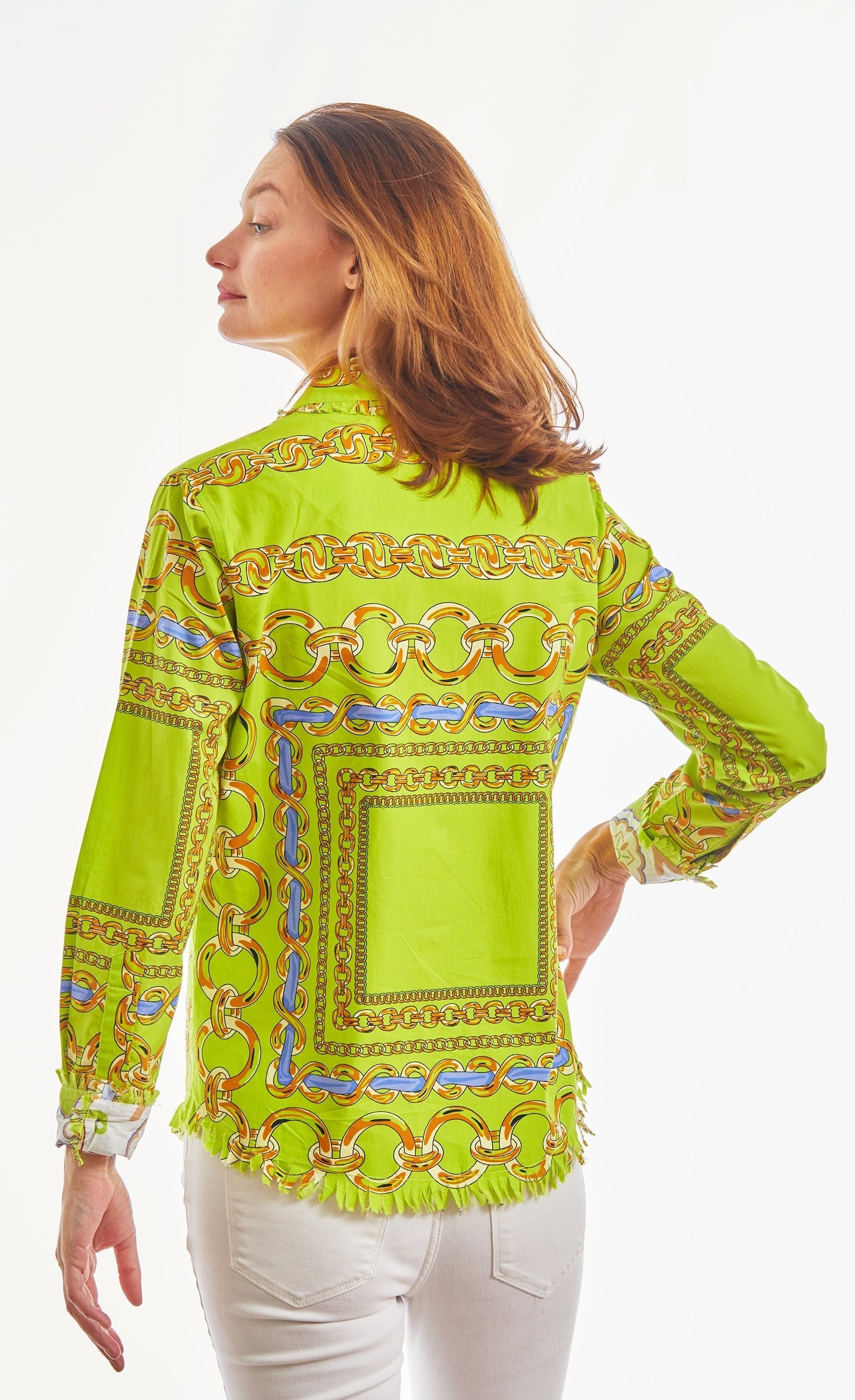 Dizzy Lizzie | Cape Cod Acid Green And Navy Links Cotton Stretch | Cloister Collection | TOPS