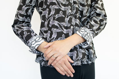 Dizzy - Lizzie | Cape Cod Fringe Tunic in Black Stretch Poplin with Dancing Zebra Pattern | Cloister Collection | TUNIC