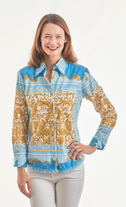 Dizzy Lizzie | Cape Cod Top Blue And Gold Scroll Print | Cloister Collection | TOPS