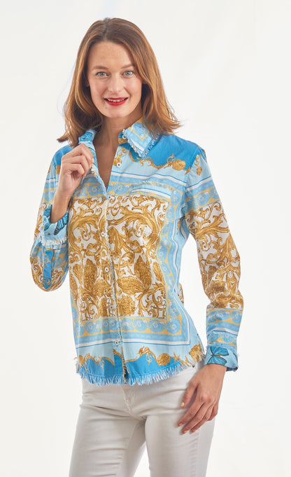 Dizzy Lizzie | Cape Cod Top Blue And Gold Scroll Print | Cloister Collection | TOPS