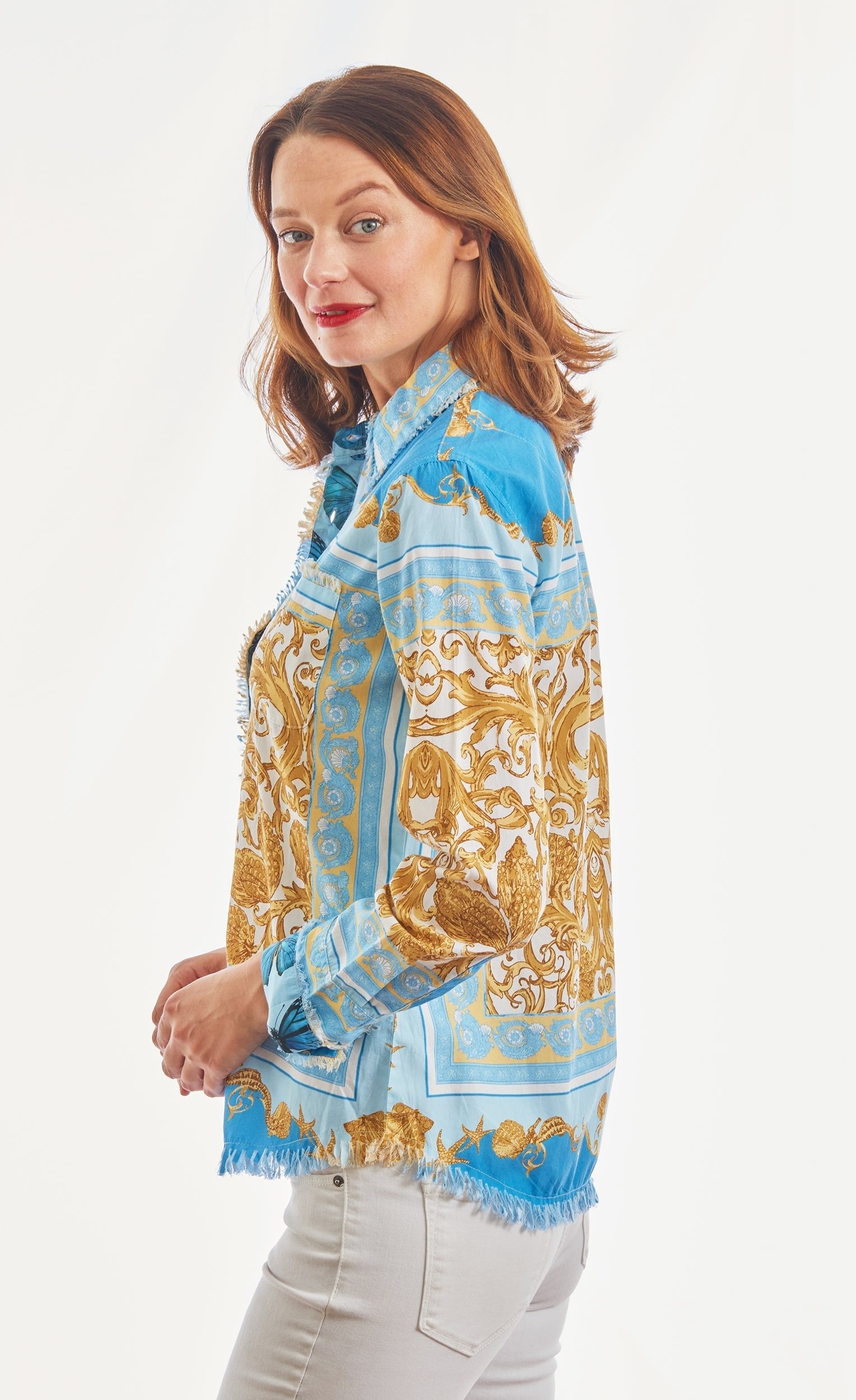 Dizzy Lizzie | Cape Cod Top Blue And Gold Scroll Print | Cloister Collection | TOPS