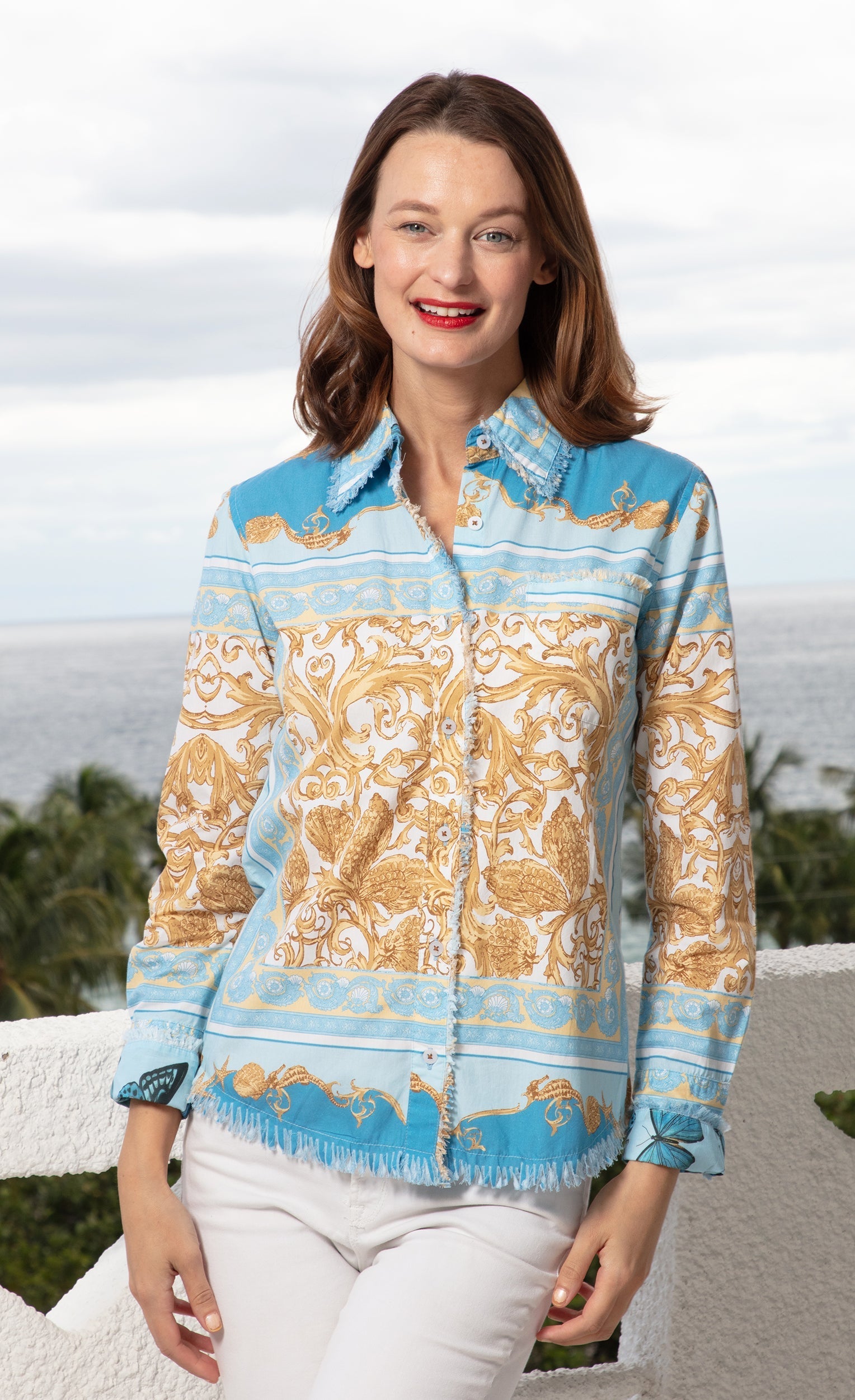 Dizzy Lizzie | Cape Cod Top Blue And Gold Scroll Print | Cloister Collection | TOPS